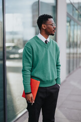 Professional male entrepreneur with eyeglasses and green pullover stands outside a modern building, clutching a bright red folder.