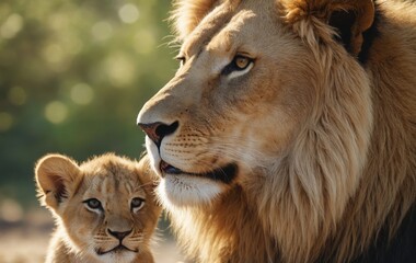 Masai lion and lioness cub with whiskers and fawn in grass