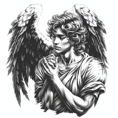 Fototapeta premium male angel with wings as pencil drawing in black and white