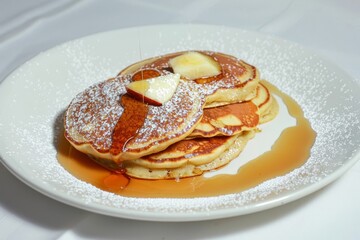 Fluffy Pancakes with Sautéed Apple Slices and Sweet Maple Syrup