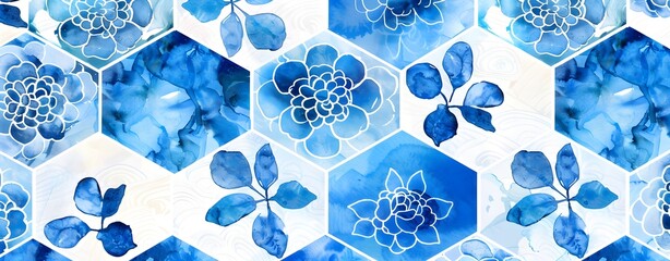 blue and white watercolor seamless pattern with elegant hexagonal shapes in the style of boho art, white background