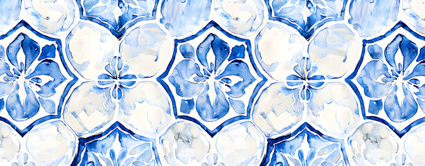 blue and white watercolor seamless pattern with elegant hexagonal shapes in the style of boho art, white background © Emmyn2222