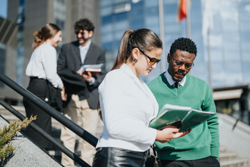 Diverse business colleagues engaged in a strategic meeting outside the office, brainstorming marketing and sales growth.