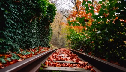 Abandoned railway tracks in forest, covered with leaves and moss. Mystical landscape. Advent - Powered by Adobe
