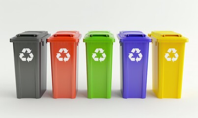 Recycling bins in various colors on white background
