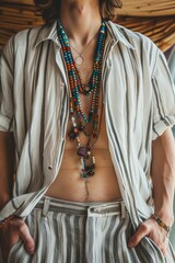 young man detail wearing linen trousers with stripes, short sleeve shirt, colorful ethnic boho necklace