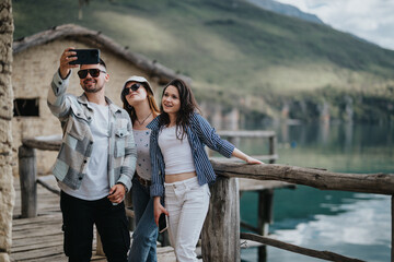Young travelers capture a moment together with a selfie on a wooden pier overlooking a tranquil...