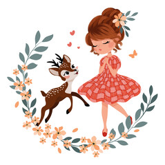 Cute girl with baby deer vector illustration, hand drawn, artwork for kids prints wallpapers, t shirt graphics, birthday cards.