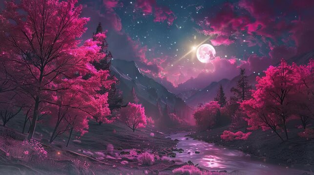 a beautiful full moon night in the middle of a natural forest. seamless looping time-lapse virtual 4K video Animation Background.