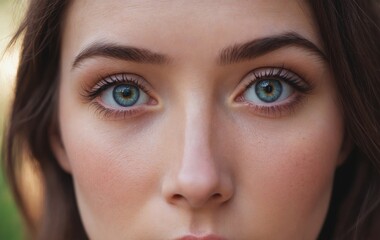 a close up of a woman s face with blue eyes