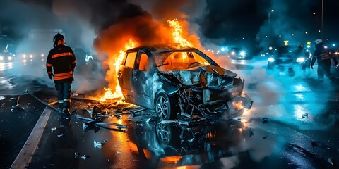 Car accident on fire on the road. Concept Car accident, Road fire, Emergency response, Traffic delay, Vehicle damage