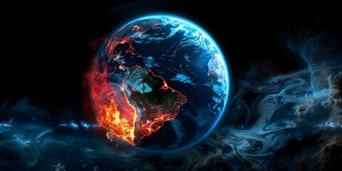 Earth viewed from space showing one side burning due to climate change. Concept Climate Change, Global Impact, Earth Crisis, Environmental Awareness, Space Perspective