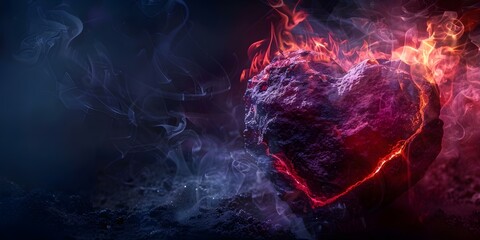 Stone heart ablaze with love on black background in artistic style. Concept Love, Heart, Stone, Black Background, Artistic Style