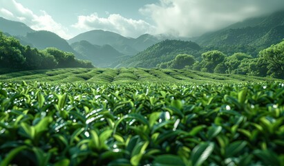 Fototapeta premium tea fields with mountains in the background