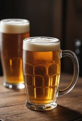 Tableware Two beer mugs filled with amber liquid on a wooden table