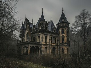 Obraz premium scary abandoned and haunted ruined gothic mansion, baroque architecture