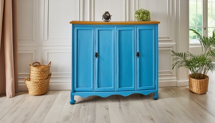 Blue retro wood cabinet near wainscoting wall. Vintage classic home interior design of livin