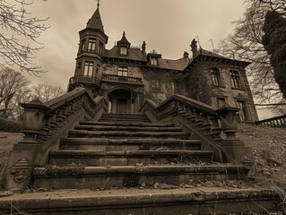 scary abandoned and haunted ruined gothic mansion, baroque architecture