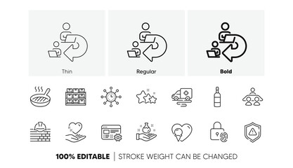 World time, Build and Ice cream line icons. Pack of Stars, Ambulance transport, Shield icon. Fingerprint lock, Delegate work, Grill pan pictogram. Web settings, Brandy bottle, Storage. Vector
