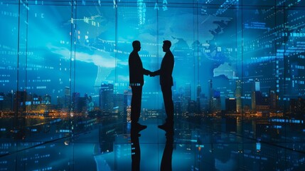 A business conference scene with double exposure of global digital networks, symbolizing international business relations