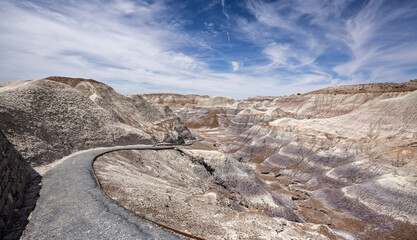 The Blue Mesa trail among badland hills of bluish bentonite clay and petrified wood in the...