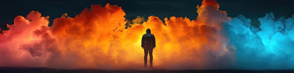 Fototapeta premium A man stands in the middle of a colorful cloud of smoke