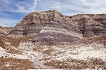 Badland hills of bluish bentonite clay along the Blue Mesa trail in the Petrified Forest National...