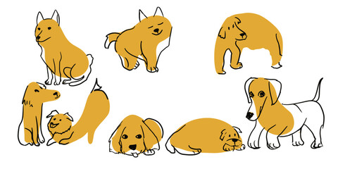 Set of dogs, sketch style. Adorable funny pet and many characters hand drawn collection.