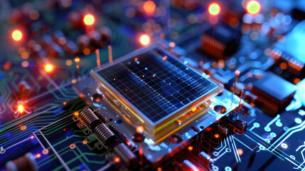 Obraz premium Close-Up of an Illuminated Circuit Board at Night. generative ai