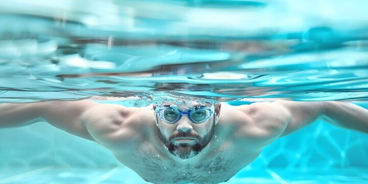 Overweight man swimming underwater in pool aiming for weight loss. Concept Weight Loss Journey, Underwater Exercise, Overcoming Obstacles, Healthy Lifestyle, Fitness Progress