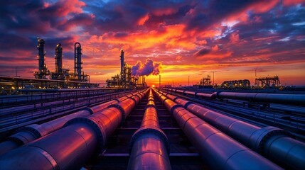 Natural gas pipelines with Oil refinery in the background Atmosphere at sunset Electric wind turbines