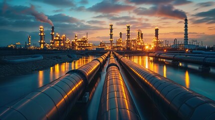Natural gas pipelines with Oil refinery in the background Atmosphere at sunset Electric wind turbines