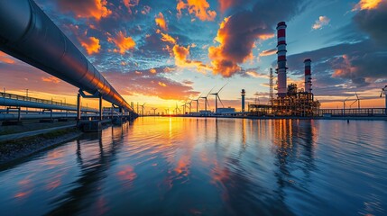 Natural gas pipelines with Oil refinery in the background Atmosphere at sunset Electric wind turbines
