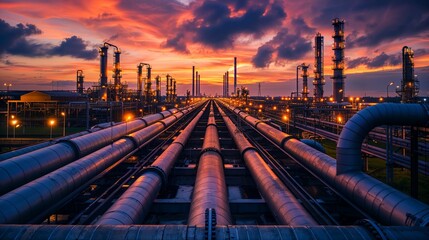 Natural gas pipelines with Oil refinery in the background Atmosphere at sunset Electric wind turbines