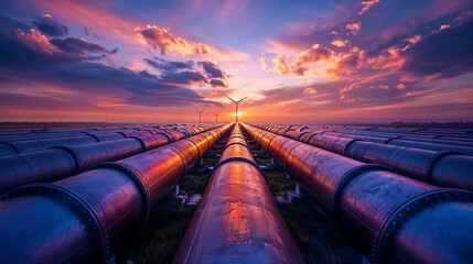 Natural gas pipelines with Oil refinery in the background Atmosphere at sunset Electric wind turbines