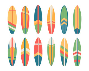 Set of surfboards. Summer surfboard elements in colorful pattern design isolated on white background. Vector	
