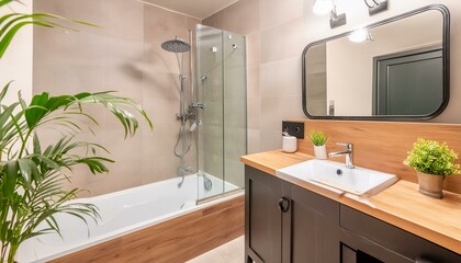 Contemporary bathroom featuring both a shower space and bathtub, accompanied by a decorative