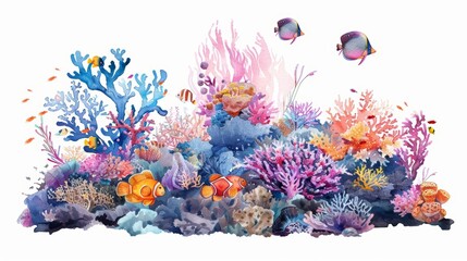 A vibrant coral reef teeming with colorful marine life, captured in a kawaii watercolor style, isolated minimal with a white background