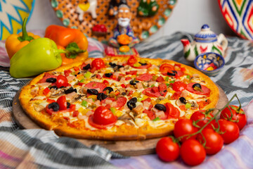 cooking, eating, olives, uzbekistan, asia, wooden', pizza background, delivery food, tomatoes, salami, italian restaurant, italy, yummy, pastry, meat, thin crust pizza, sausage, pizza, vegetarian