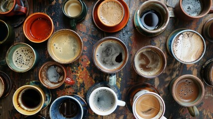 An array of coffee cups viewed from above, each telling its own story of taste and preference