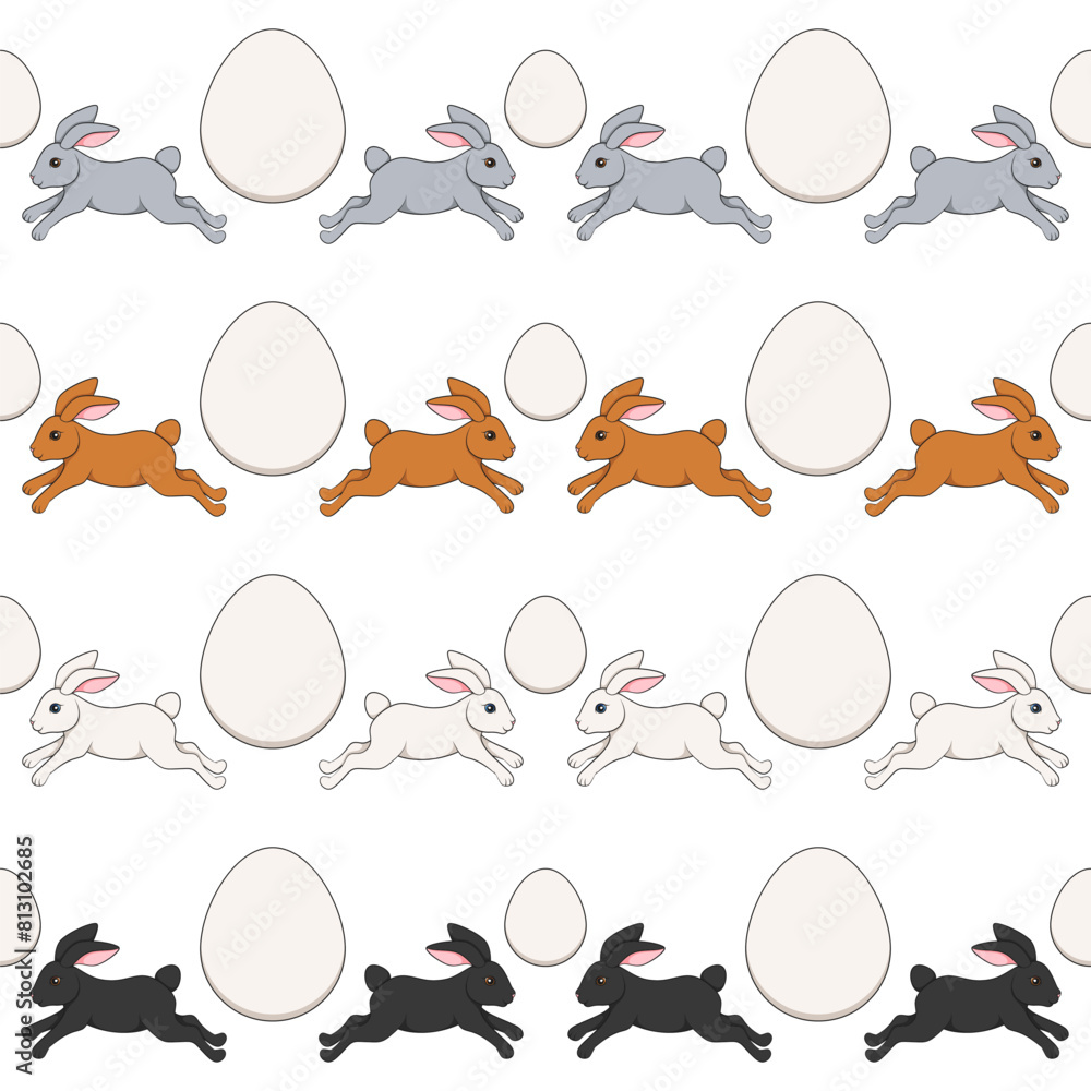 Poster set of horizontal seamless patterns with easter bunny and eggs. isolated vector objects on white bac