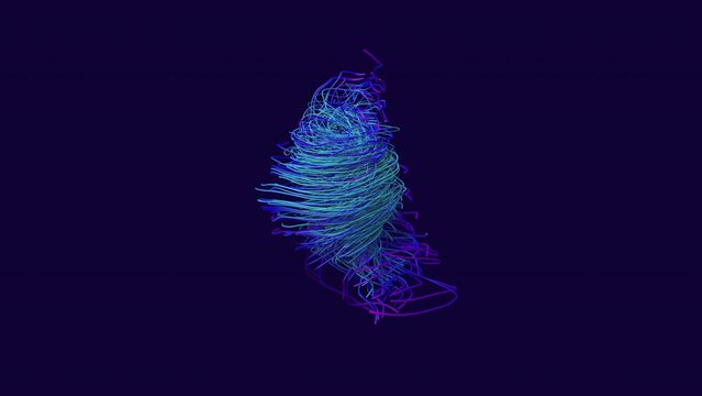 Spiral swirl abstract colorful animated background. 3D particles transformations visual effect in gradient of vibrant blue and purple colors. Wire string vortex. Motion graphics design 4k video