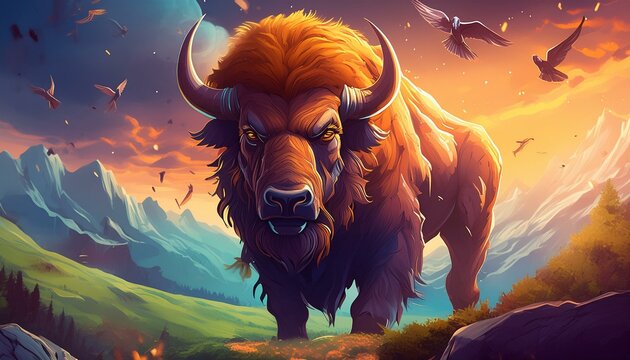 A big angry bizon with a beautifull sky