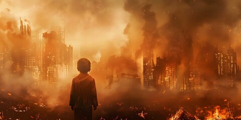 Child in front of a burning city in a post-apocalyptic war scene. Concept Dystopian Future, Post-Apocalyptic, War-Torn Cityscape, Child Survivor, Desolate Landscape
