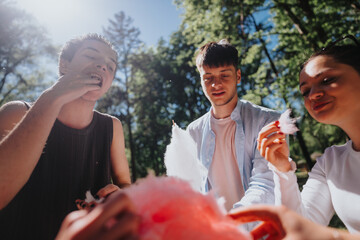 Three young adults share candy floss and enjoy a sunny day together in the park, embodying joy and...