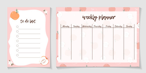 Cute weekly schedule and to do list with apples. Template for notes planners, checklists journal and other stationery. Kids journal page design with fruits. Stylish sweet weekly planner copy space