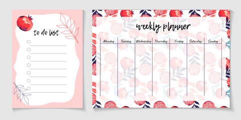 Cute weekly schedule and to do list with pomegranates. Template for notes planners, checklists journal and other stationery. Kids journal page design with fruits. Stylish sweet weekly planner 