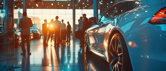 Team of skilled workers gathered at a car dealership, discussing strategies beside a shiny new car under bright showroom lights