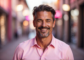 Obraz premium Portrait of a middle-aged man smiling at the camera on a blurred background