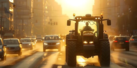 Tractors disrupt city traffic blending rural and urban life unexpectedly. Concept Tractors, City Traffic, Rural-Urban Blend, Unexpected Surprise